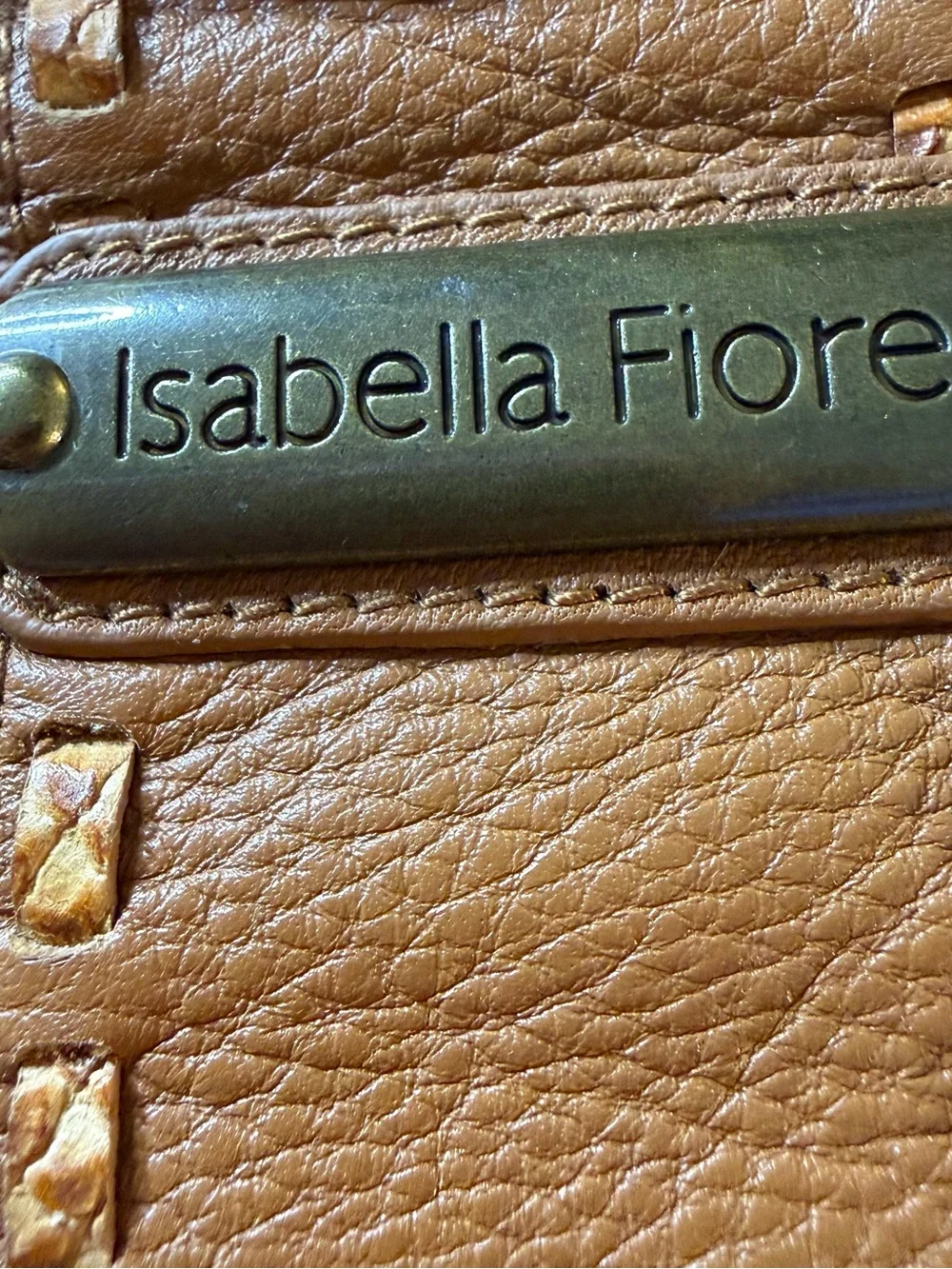 Isabella Fiore Vintage Cognac Brown Leather Whipstitch Applique Hobo Bag